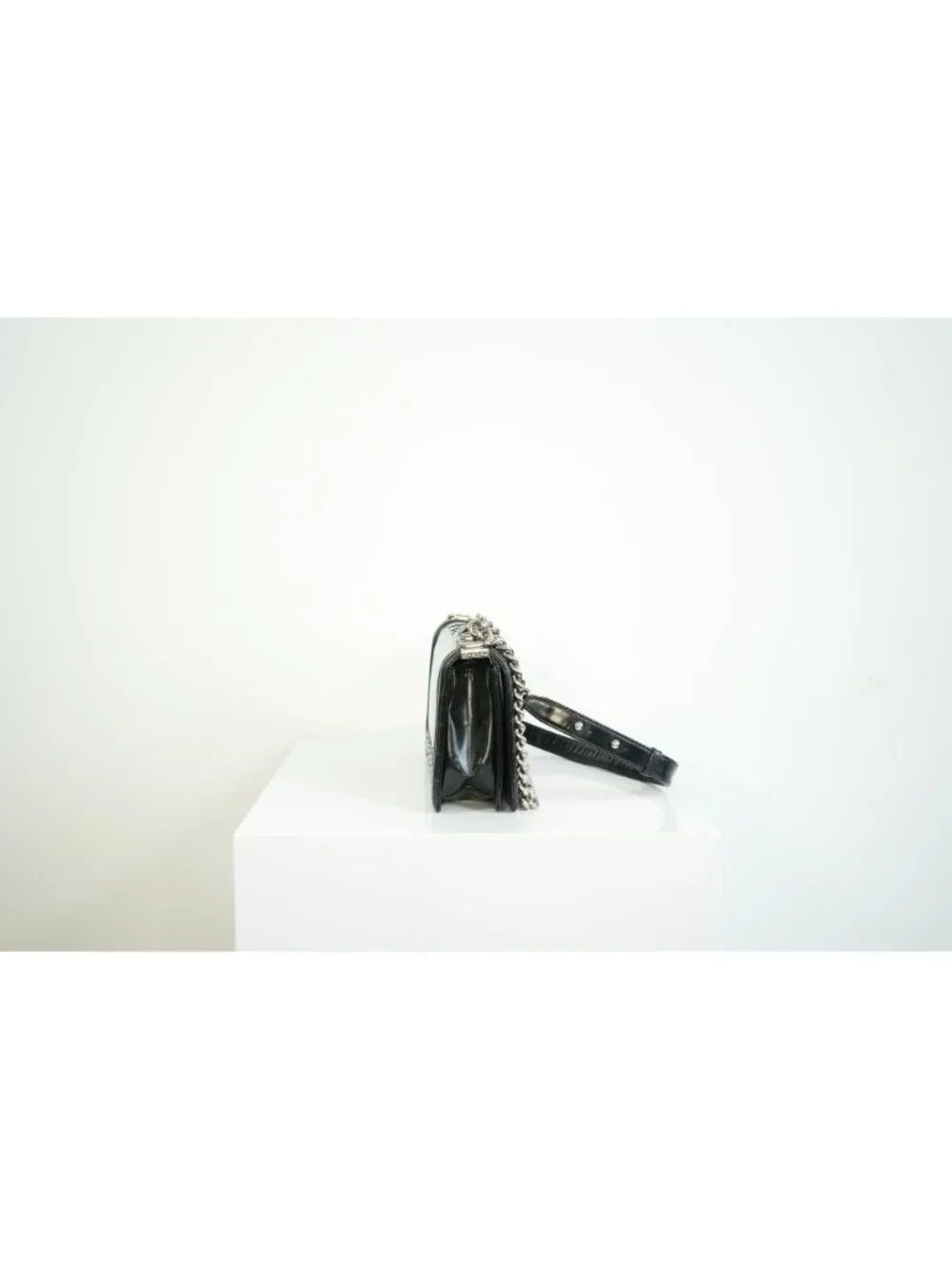 Chanel Black Patent Leather Boy Bag Silver Hardware